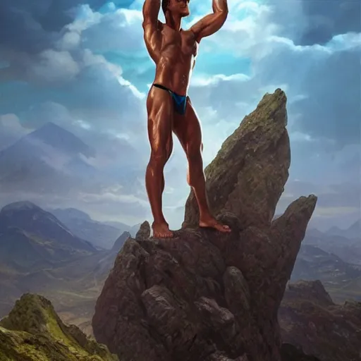 Image similar to ultra realistic illustration, a very tall and muscular gigachad bongbong marcos flexing on top of a mountain, intricate, elegant, highly detailed, digital painting, artstation, concept art, smooth, sharp focus, illustration, art by artgerm and greg rutkowski and alphonse mucha