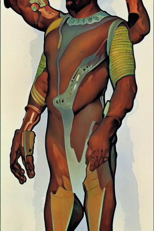 Image similar to upper body portrait of giant african man with a muscular neck wearing a scifi dune spacesuit, nebula in the background, illustration by normal rockwell and alphonse mucha, artstation character concept art