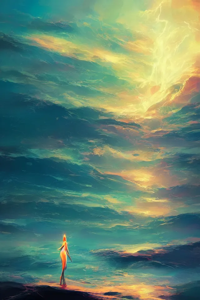 Prompt: the lightning queen over the sea, Abstract expressionism tranquil art, by Yoshitaka Amano and Alena Aenami, Trending on Artstation, nvidia, matte painting