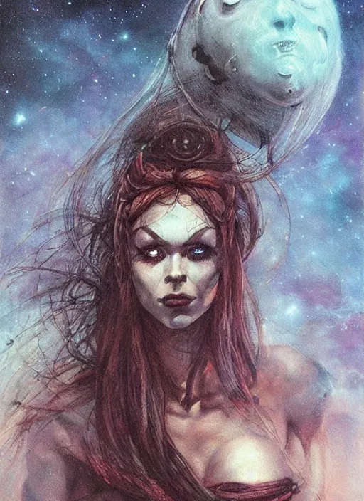 Image similar to portrait of female space pirate, night sky background, beautiful! coherent! by brom, by brian froud, deep color, strong line, high contrast