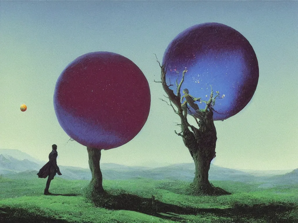 Image similar to Into darkest cosmos, a dichroic colorful sphere levitating ior diffraction. Painting by Caspar David Friedrich, Roger Dean, Walton Ford