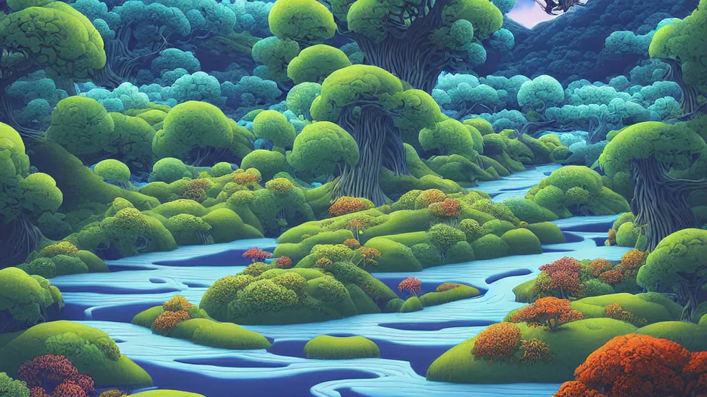 Image similar to digital painting of a lush river valley by gerald brom. blue river. summer day. chiho aoshima. digital render. detailed. beautiful landscape.