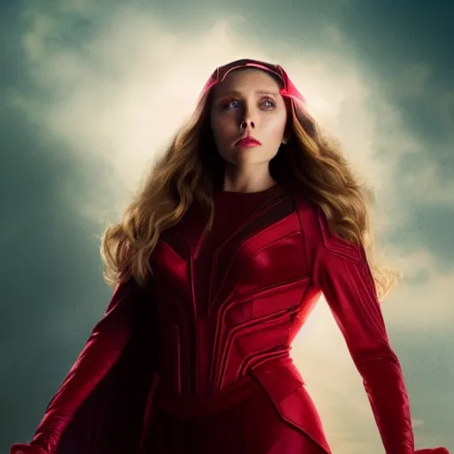 Image similar to elizabeth olsen as the scarlet witch emanates magic from her palms, full - body portrait, 3 5 mm!!!!! photography, disdain facial expression, messy!!!!! hair, trending on artstation, photorealistic!!!!!, 4 k, 8 k