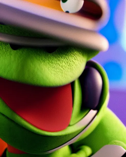 Prompt: Film still close-up shot of kermit the frog as Buzz Lightyear in the movie Toy Story 3. Photographic, photography