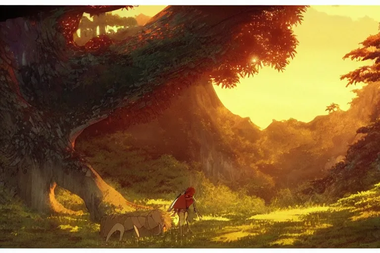 Image similar to anime key frame art of princess mononoke landscape, golden hour, studio ghibli, princess mononoke (1997)