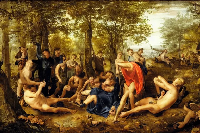 Prompt: mid - thirties guys binge drinking in a forest, in the style of skovgaard