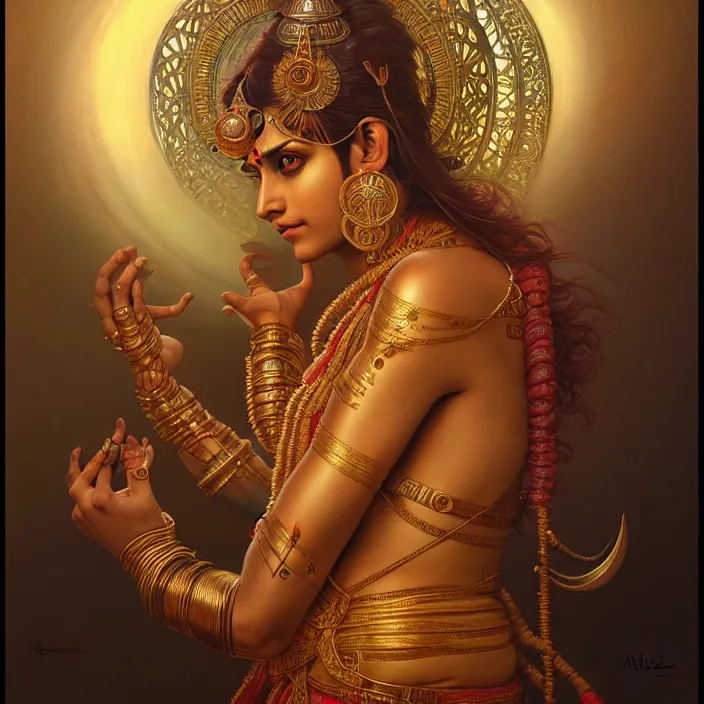 Prompt: hindu cyborg, lakshmi, diffuse lighting, fantasy, intricate, elegant, highly detailed, lifelike, photorealistic, digital painting, artstation, illustration, concept art, smooth, sharp focus, art by john collier and albert aublet and krenz cushart and artem demura and alphonse mucha