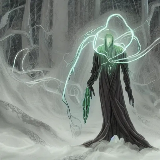 Prompt: concept designs of an ethereal ghostly wraith like figure with a squid like parasite latched onto its transparent skull and long tentacle arms that flow lazily but gracefully at its sides like a cloak while it floats around a frozen rocky tundra in the snow searching for lost souls and that hides amongst the frosted trees, this character has hydrokinesis and electrokinesis for the resident evil village video game franchise with inspiration from the franchise Bloodborne in the style of arcane the series on netflix