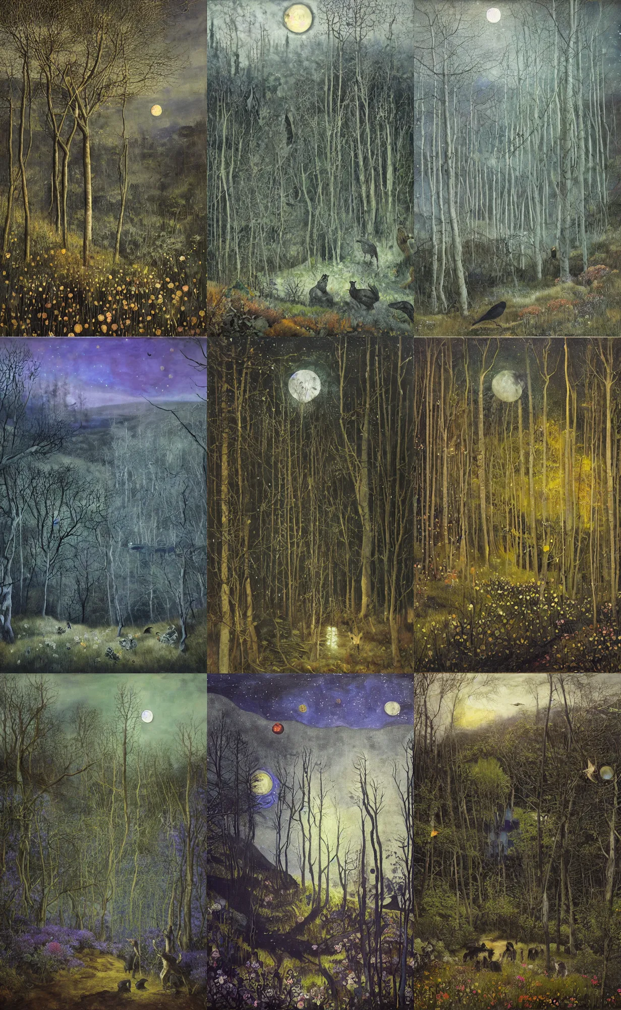 Prompt: painterly dreamy dark midnight hill in the forest with trees, flowers, birds, owls, deers, barely seen women, lianas, thistles, a stream and sky with moon and stars by Mikhail Vrubel, Alexei Savrasov, Aron Wiesenfeld, Ivan Kramskoi, dark fantasy, witcher, very detailed oil painting in the alla prima style, masterpiece, 8k