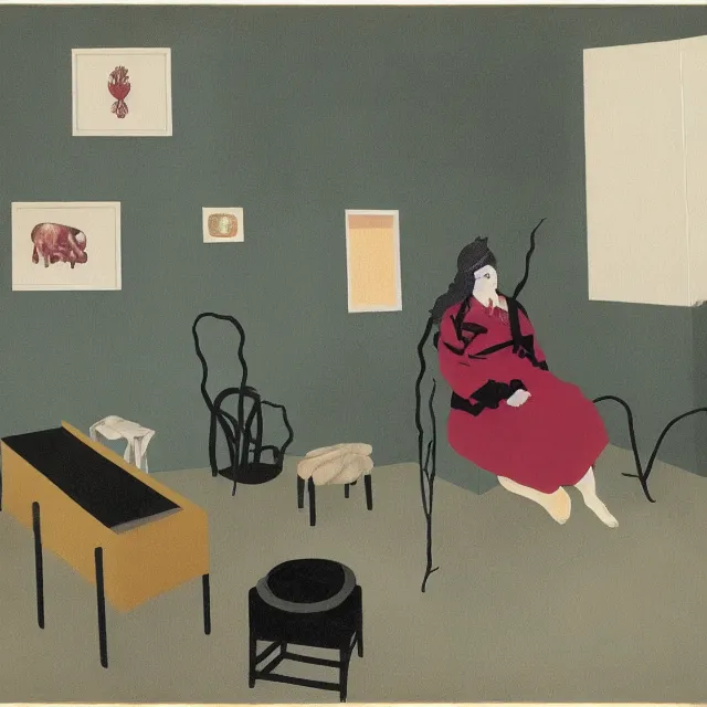 Image similar to a female pathology student in her apartment, wild berry vines, pig, black walls, ikebana, snakes, black armchair, sculpture, acrylic on canvas, surrealist, by magritte and monet