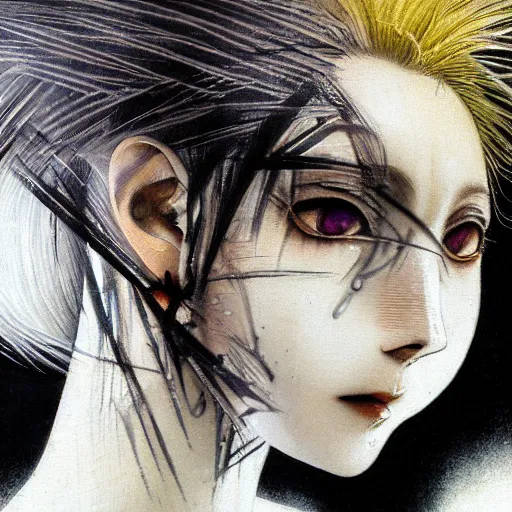 Image similar to yoshitaka amano blurry realistic illustration of an anime girl with white hair and cracks on her face wearing dress suit with tie fluttering in the wind, abstract black and white patterns on the background, upside down cross earring, noisy film grain effect, highly detailed, renaissance oil painting, weird portrait angle