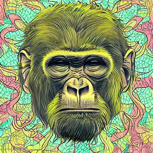 Image similar to stoned ape theory, psilocybin mushrooms, abstract, evolution