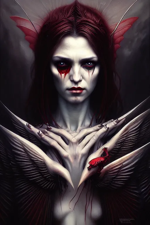 Image similar to winged vampire with a beautiful face by anna podedworna, ayami kojima, greg rutkowski, giger, maxim verehin