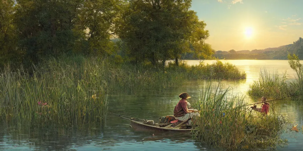 Prompt: a beautiful lake landscape in summer, romantic ambiente, fishing, no people, tall grown reed on riverbank, no mountains, clear sky, sunshine, colorful, by Mohrbacher and Moebius and Alphonse Mucha and Roger Deakins, cinematic lighting, masterpiece, highly detailed, 8k resolution, trending on art station