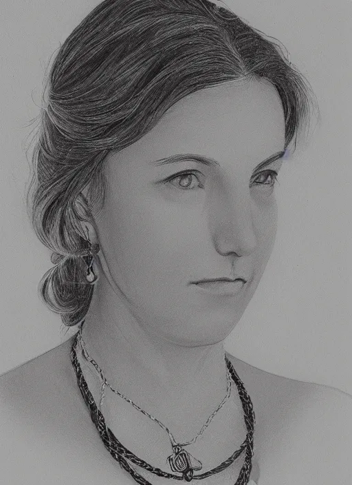 Prompt: one line art drawing of a woman's portrait, wearing a photo realistic necklace