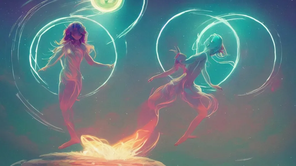 Image similar to a beautiful whimsical goddess floating above a lake basking in the moonlight, casting a spell, underneath a multi-colored binary blackhole with an accretion disc, glowing trails following her arms, acidwave, by Lois van Baarle, by Greg Rutkowski, by artgerm, by beeple, by studio ghibli, cinematic angle, volumetric lighting, 4k resolution, octane render, trending on artstation, masterpiece