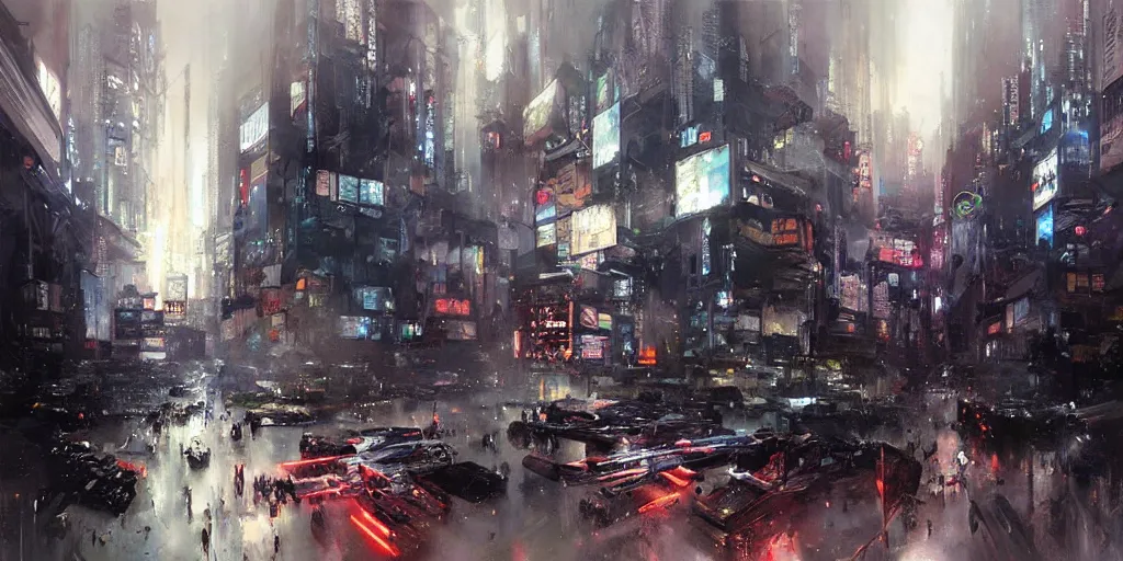 Image similar to “ epic cyberpunk city by zhaoming wu, nick alm, bernie fuchs, hollis dunlap, gregory manchess ”