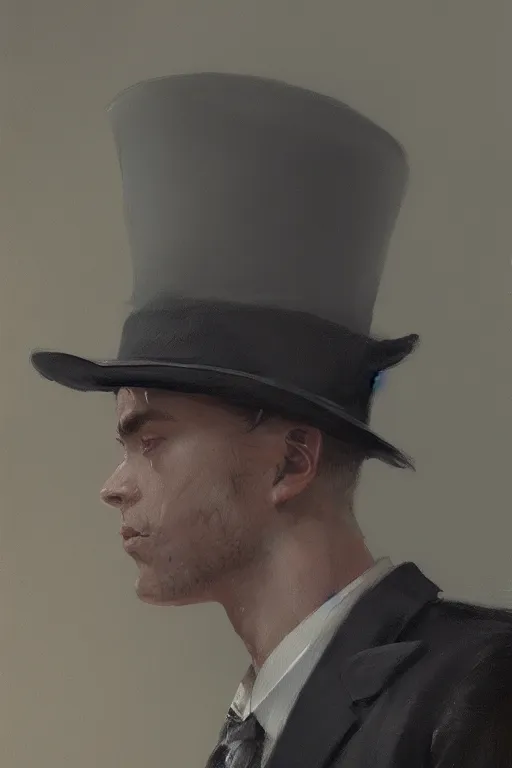 Image similar to a young man grey hair with stubble top hat and suit by Greg Rutkowski, painting, portrait, high details, trending on artstation