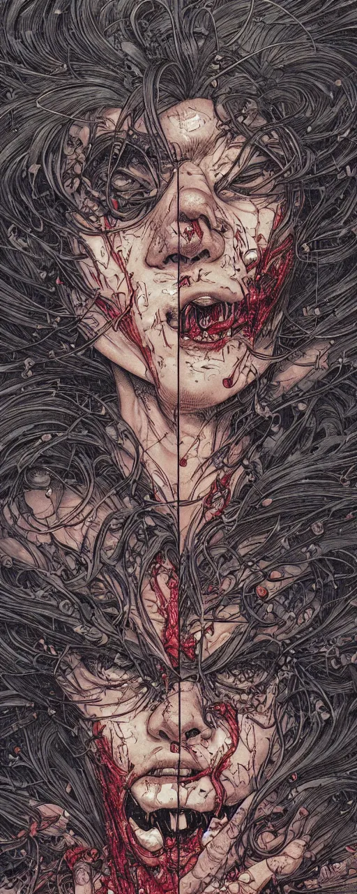 Image similar to closeup of face melting in agony, inside a frame on a tiled wall, frontal picture, by yoichi hatakenaka, masamune shirow, josan gonzales and dan mumford, ayami kojima, takato yamamoto, karol bak