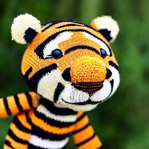 Image similar to a closeup photorealistic smiling knitted plush tiger from calvin and hobbes.