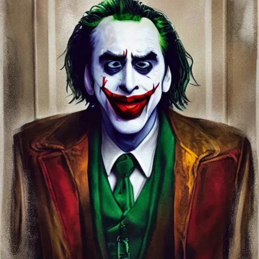 Image similar to nic cage as the joker, buff, painted portrait, highly detailed,