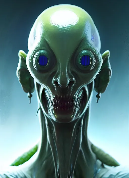 Image similar to portrait of a space alien, varying detailed skin, octane render, piercing glowing eyes, realistic render, detailed, ugly, slimy unreal engine, symmetrical!!, greg rutkowski and ruan jia, cinematic