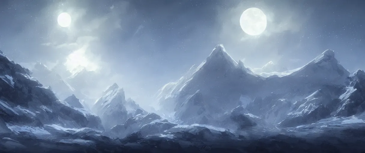 Prompt: snowy mountain range, stars in sky, whales swimming in sky, digital painting, concept art, high detail, style of Jordan Grimmer, fluffy calm clouds, matte painting, high res, moon shine, volumetric, starry sky