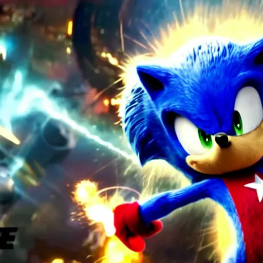 Prompt: The famous scene in the Avengers when Sonic the Hedgehog finally arrived to the fight and beat Thanos, movie sonic, extremely detailed with lots of background explosions and effects, grinning, 4k, 8k, HDR