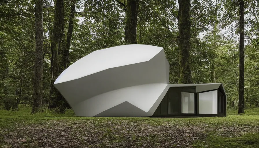 Image similar to A unique innovative and contemporary creative cabin in a lush green forest with soft rounded corners and angles, 3D printed line texture, made of cement, connected by sidewalks, public space, and a park, Design and style by Zaha Hadid, Wes Anderson and Gucci