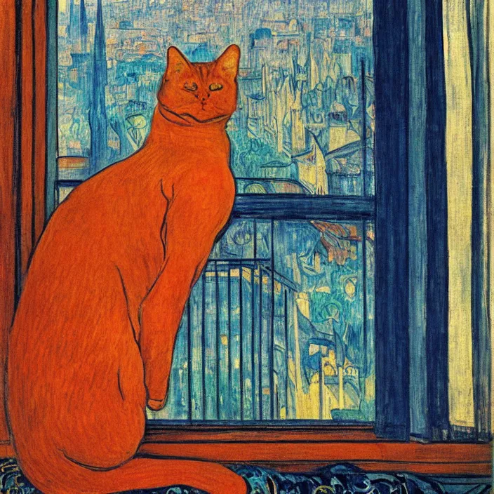 Image similar to woman and giant orange cat with city with gothic cathedral and tall trees seen from a window frame with curtains. dark indigo blue, turquoise, gold, earth brown. autumn light. delville jean, henri de toulouse - lautrec, utamaro, matisse, monet