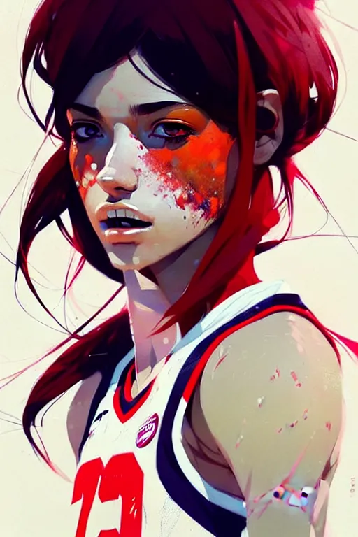 Prompt: a ultradetailed beautiful panting of a stylish girl in a basketball jersey, by conrad roset, greg rutkowski and makoto shinkai, trending on artstation