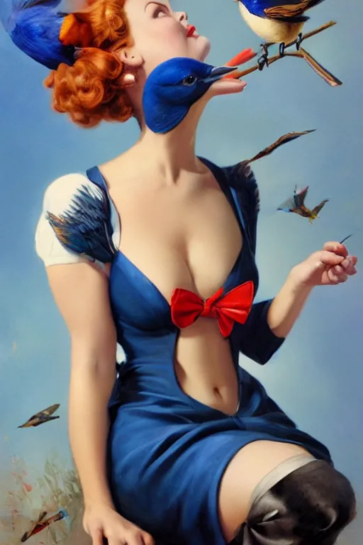 Prompt: hyper realistic painting, pinup girl holding an indigo bunting, bird, the bird is wearing a bowtie, by greg rutkowski, rossdraws, gil elvgren, enoch bolles, anime, porcelain skin, glistening, very coherent,