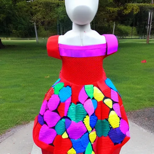 Image similar to a dress made entirely of children toys,