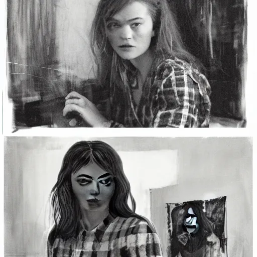 Image similar to extraordinary portrait : 4 0 - year - old sadie sink in a checked shirt, modern hairstyle. in her art studio. 1 9 9 0 s. precise detail. art by anders zorn, wonderful masterpiece by greg rutkowski, beautiful cinematic light, american romanticism by greg manchess, jessica rossier