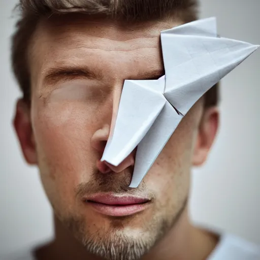 Prompt: an paper origami portrait of a caucasian man with wavey short hair, made from paper, friedly smile, raised eyebrows, great composition, ambient light