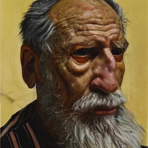 Prompt: high quality high detail painting by lucian freud, hd, portrait of an older man, worried, sad, handsome face, brown skin, short white beard, a tear falls from his right eye, photorealistic lighting