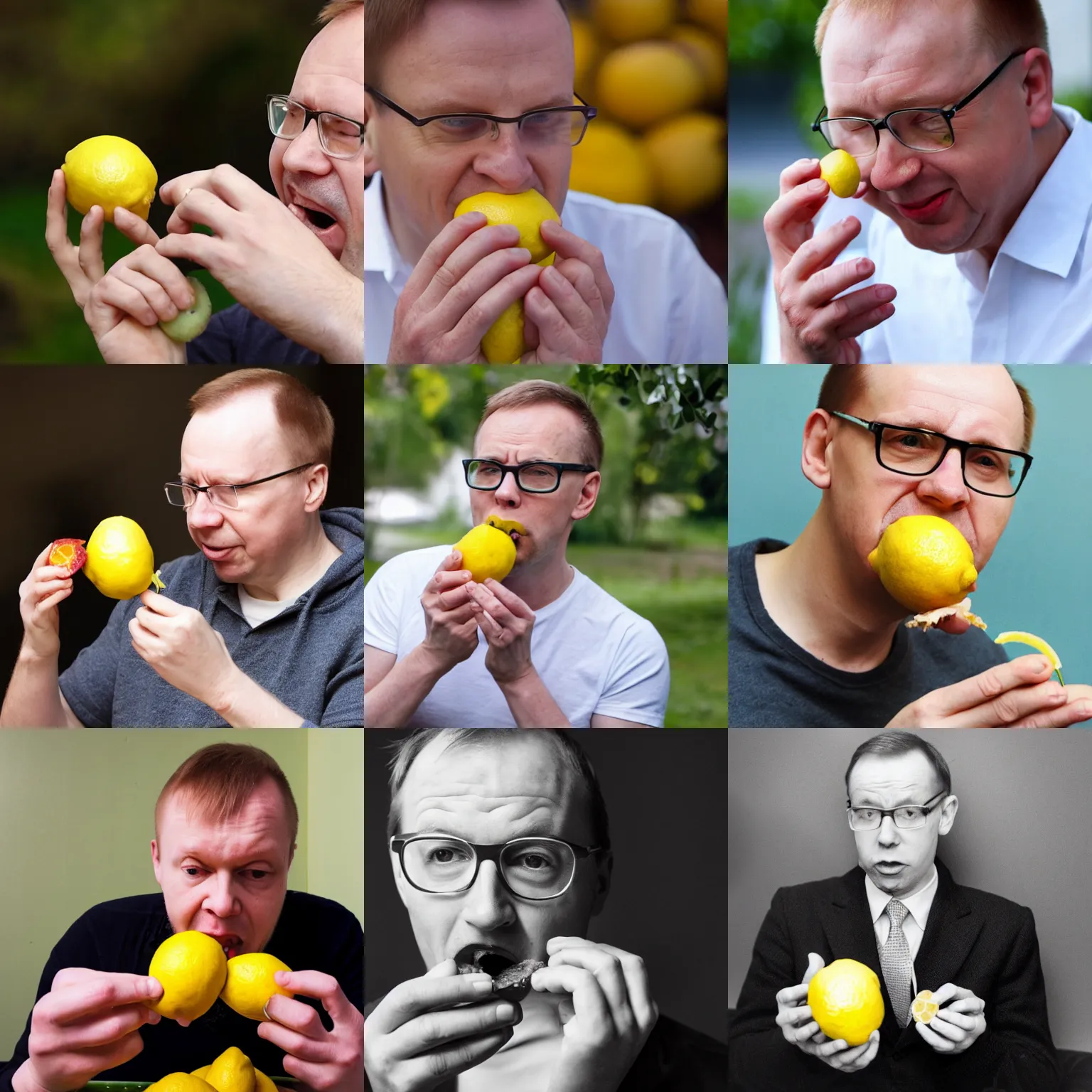 Prompt: paavo vayrynen eating a lemon, press photography