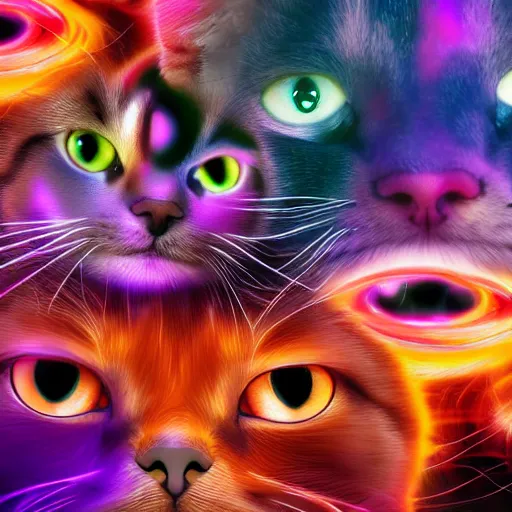 Prompt: cats with many eyes floating in colorful glowing swirling whisps, chimera cat, different eye colors, occult inspired, emerging from the void, shallow depth of field