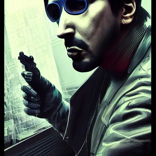 Prompt: portrait isometric drawing, Marilyn Manson as Aiden Pearce character from Watch Dogs game, cyberpunk, intricate, epic lighting, cinematic composition, hyper realistic, 8k resolution, unreal engine 5, by Artgerm, tooth wu, dan mumford, beeple, wlop, rossdraws, James Jean, Andrei Riabovitchev, Marc Simonetti, yoshitaka Amano, Artstation