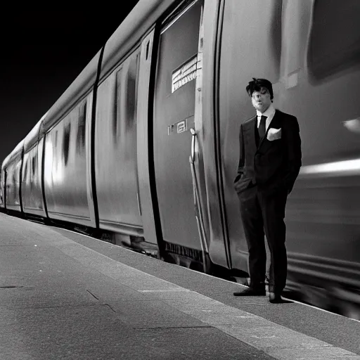 Prompt: a man in a suit waiting at a train station suspended in outer space, award-winning photograph