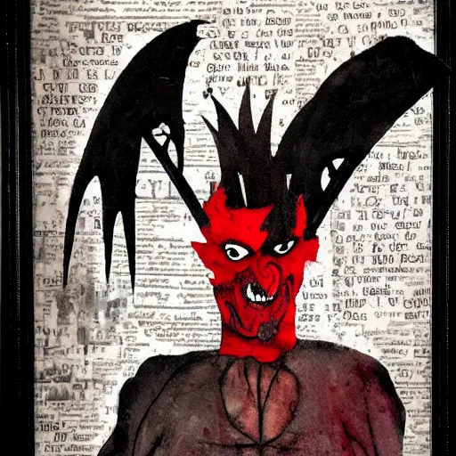 Prompt: comic strip loose, subtle by paul lovering. mixed media art. a large, muscular demon - like creature with wings, standing in a dark, hellish landscape. the creature has red eyes & sharp teeth, & is holding a large sword in one hand.