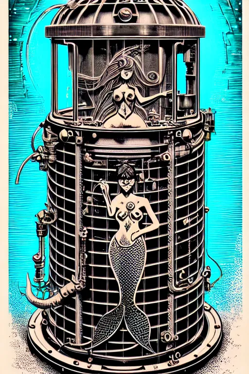 Prompt: steampunk cryo chamber containing a mermaid, high details, intricately detailed, by vincent di fate, inking, 3 color screen print, masterpiece, trending on artstation,, sharp, details, hyper - detailed, hd, 4 k, 8 k