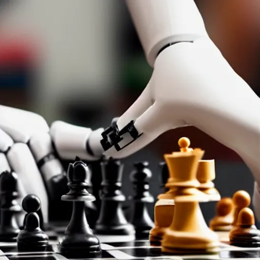 Prompt: photo of a robot hand grabbing and pinching a humans hand over a championship chess board