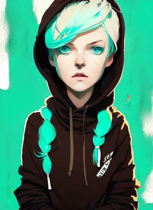 Image similar to highly detailed portrait of a urban punk lady student, blue eyes, hoodie, white hair by atey ghailan, by greg rutkowski, by greg tocchini, by james gilleard, by joe fenton, by kaethe butcher, gradient green, black, brown and teal color scheme, grunge aesthetic!!! ( ( graffiti tag wall background ) )