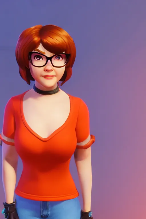 Prompt: Velma from Scooby Doo, overwatch main character Blizzard pixar 3d maya engine on stylized background splash comics global illumination lighting,