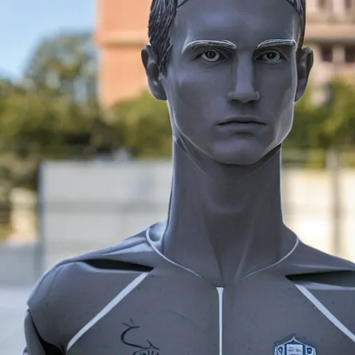 Image similar to a realistic detailed photo of a guy who is an attractive humanoid who is half robot and half humanoid, who is a male android, soccer player martin ødegaard, shiny skin, posing like a statue, blank stare, by the pool, on display, showing off his muscles, humanoid robot, frozen ice statue