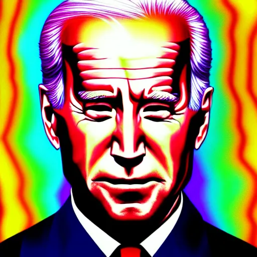 Image similar to An extremely psychedelic portrait of Joe Biden, surreal, LSD, face, detailed, intricate, elegant, lithe, highly detailed, digital painting, artstation, concept art, smooth, sharp focus, illustration