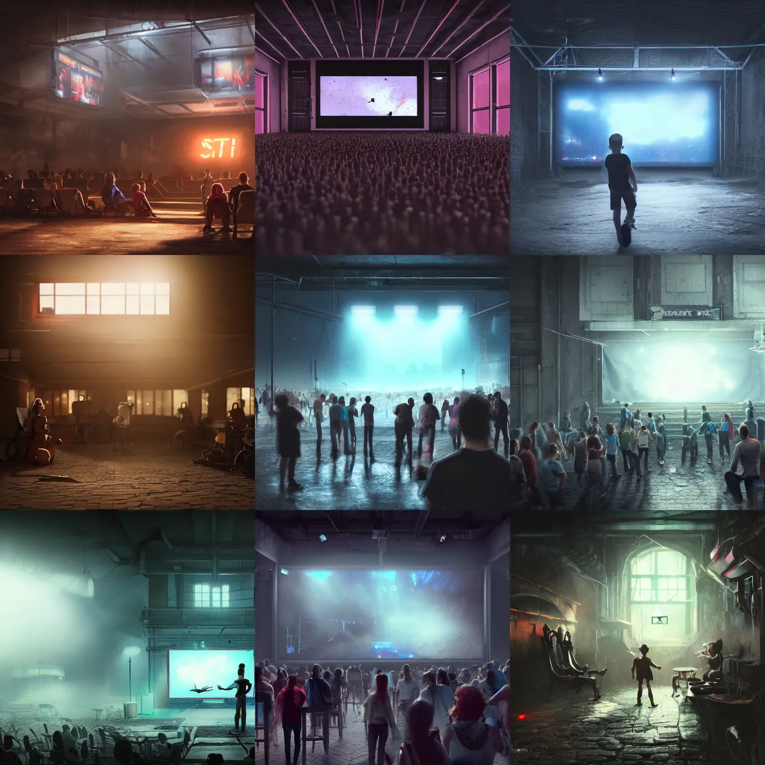 Prompt: digital concept art of a very small!!! dark counte - strike de _ dust show venue with a large bright screen in front of twenty people,, realistic, octane render, high detail, environment, sharp focus, artstation