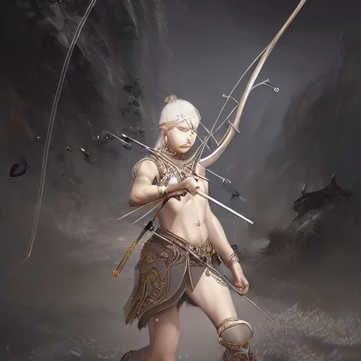 Image similar to beautiful extremely detailed intricate concept art depicting an archer by wlop. shining jewelry. grey atmosphere. particles in the background.