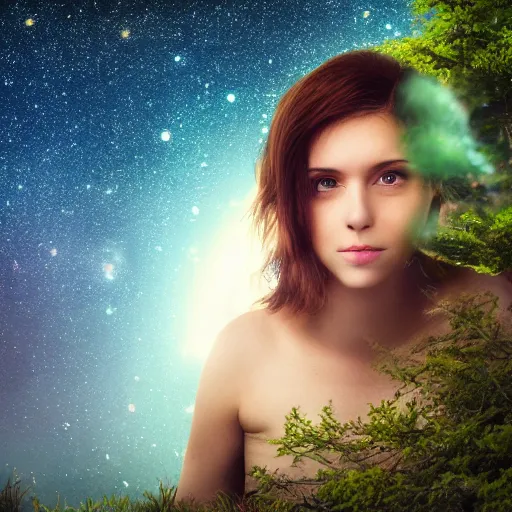 Image similar to an hd photo of a young woman with short brown hair and green eyes, beautiful trees in the background, night sky with stars and galaxies, trending on artstation